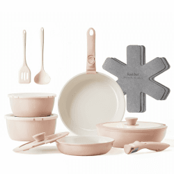 Redchef Topfsets 16-Teilig Pfannenset Antihaft-Keramik-Kochgeschirr-Set mit Abnehmbaren Griff, Pfanne 20/26 cm, Tiefe Bratpfanne 26cm, Topf 18/20cm, Stapelbar Topfset Für alle Herdarten, Ofenfest Rosa Angebot bei HelloDeals