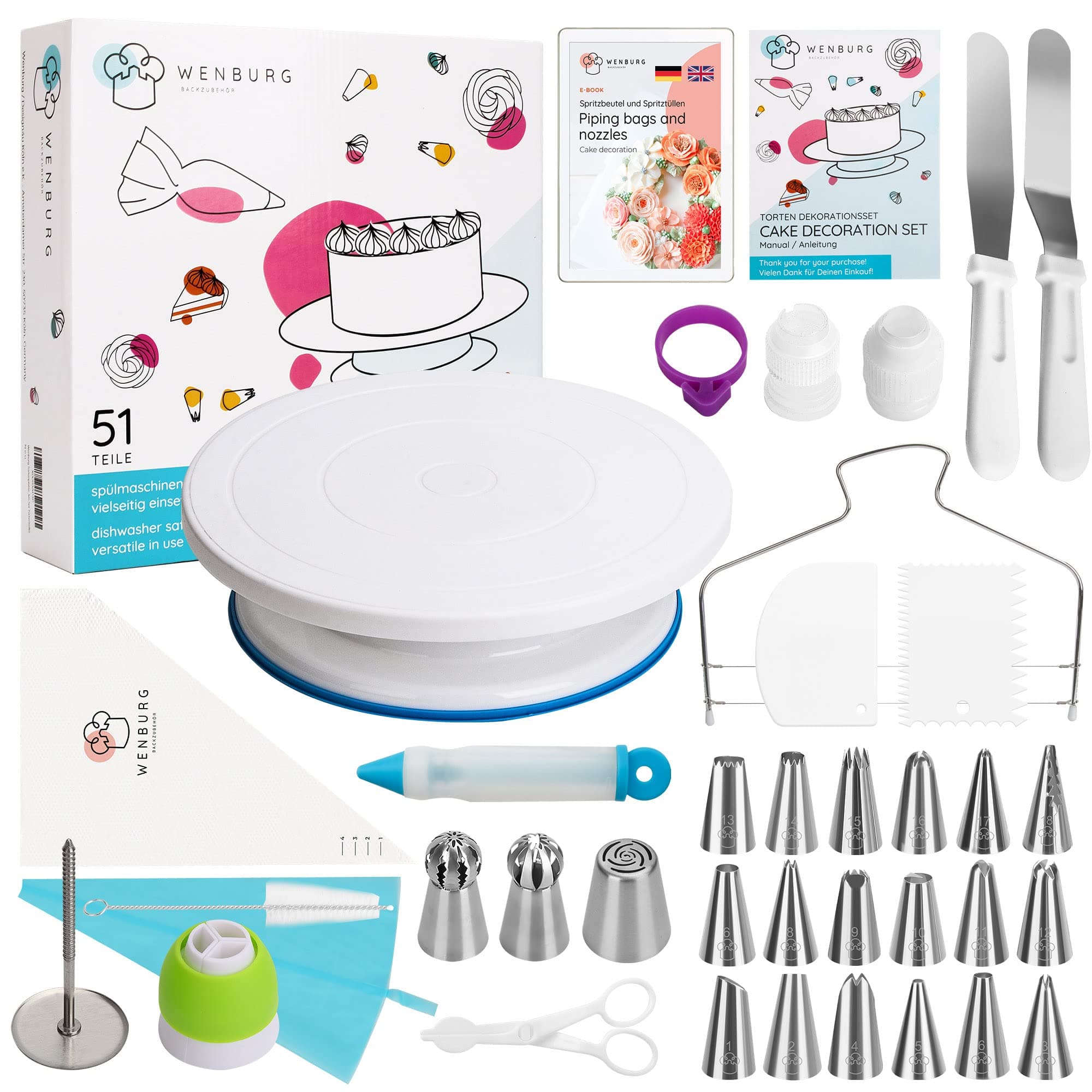 Wenburg Tortenplatte Drehbar - 51 tlg. Tortenständer Set mit 28cm Drehbare Tortenplatte & Torten Zubehör für Anfänger und Profis - Cake Stand, Drehteller Torte & Kuchen Zubehör Set Super Chef Angebot bei HelloDeals