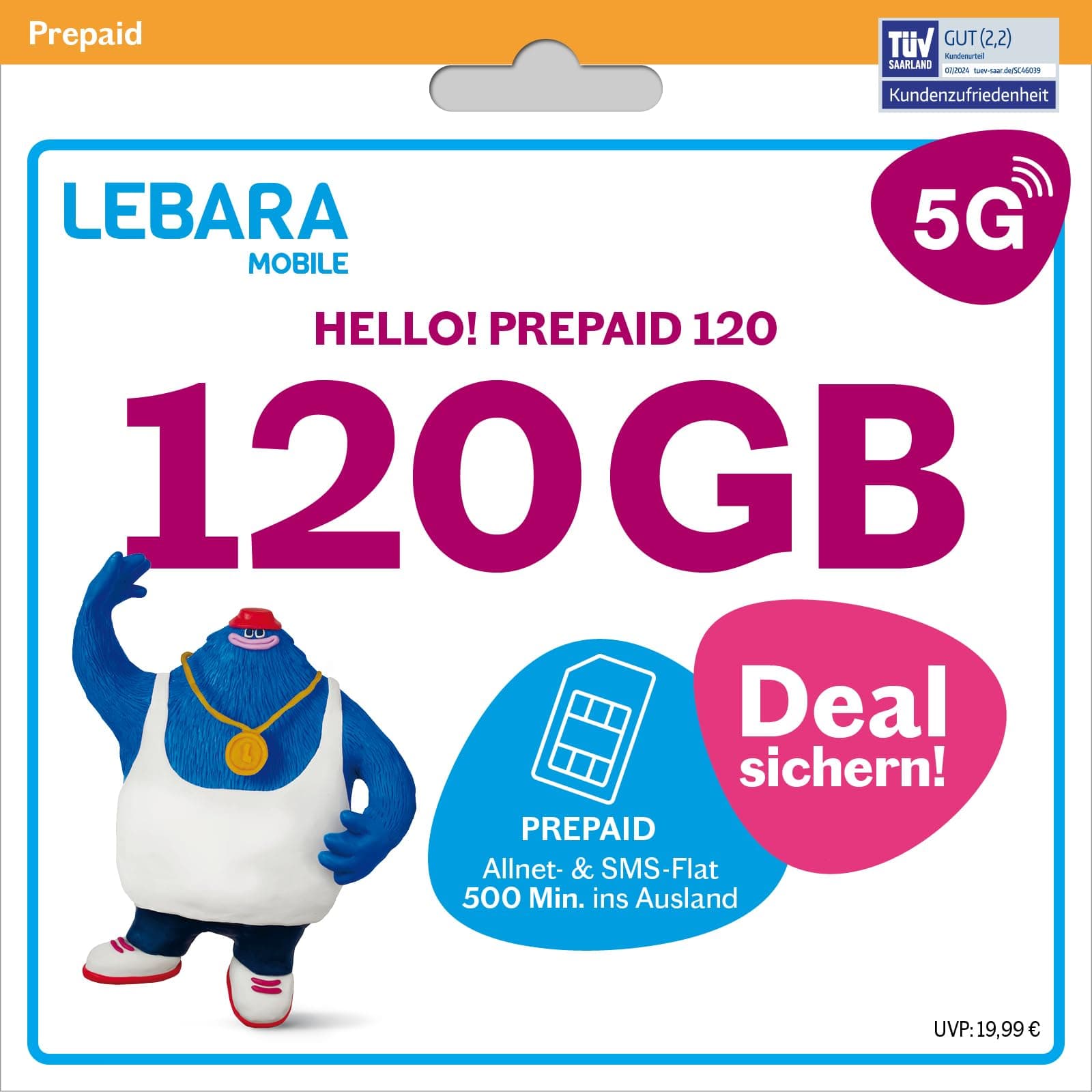 LEBARA Prepaid SIM-Karte mit Hello! 120 Prepaid Tarif ohne Vertrag | 120 GB Datenvolumen inkl. 5G | Allnet Flat | 500 Minuten ins Ausland Angebot bei HelloDeals