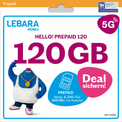 LEBARA Prepaid SIM-Karte mit Hello! 120 Prepaid Tarif ohne Vertrag | 120 GB Datenvolumen inkl. 5G | Allnet Flat | 500 Minuten ins Ausland Angebot bei HelloDeals