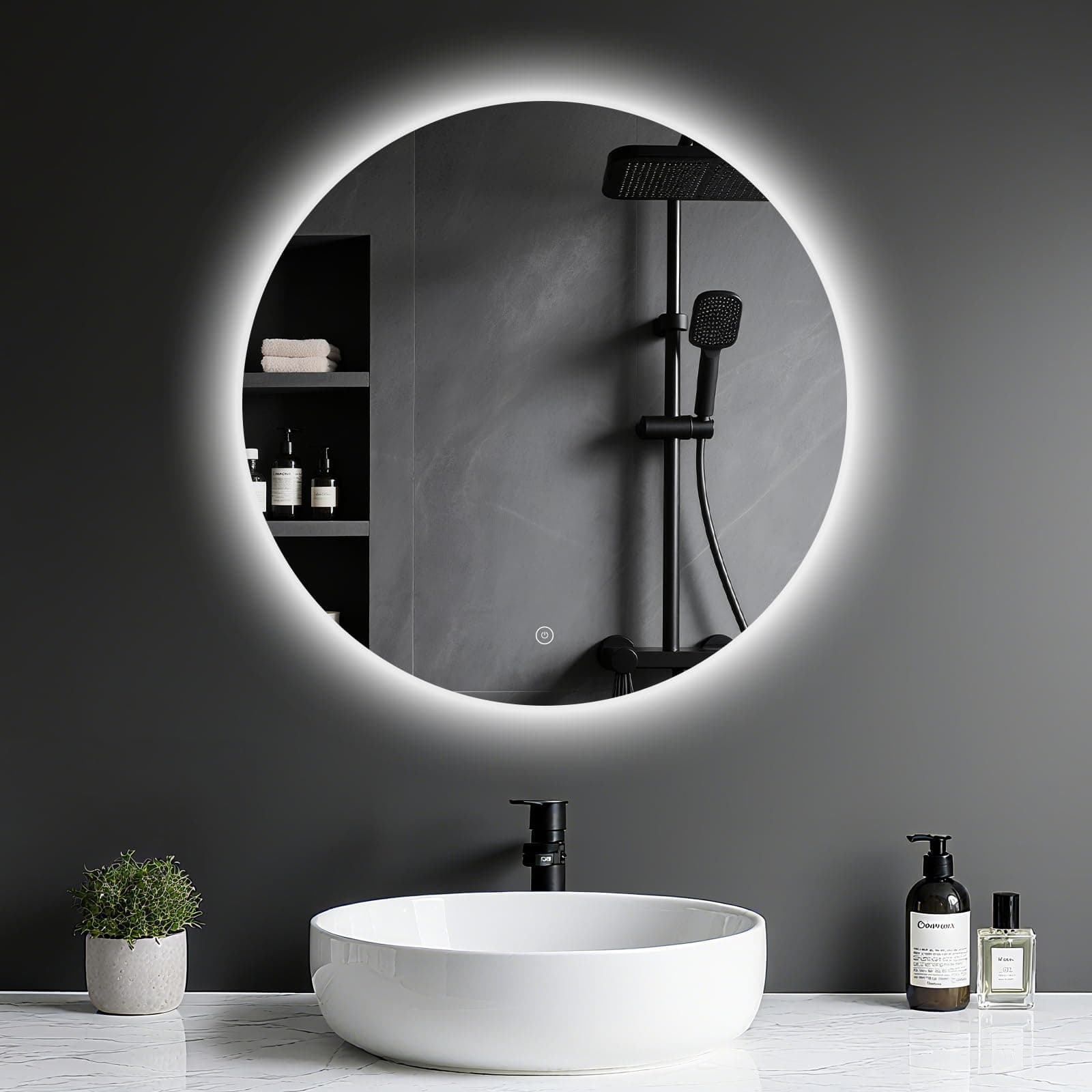 Badspiegel mit Beleuchtung - LED-Badezimmer-Spiegel-Round 50cm,Touch-Schalter,Dimmbar,3 Lichtfarben, Speicherfunktion, Badezimmerspiegel mit HD Sicherheitsgla - Explosionsschutz Wandspiegel 3 Lichtfarbe 50L x 50B cm Angebot bei HelloDeals