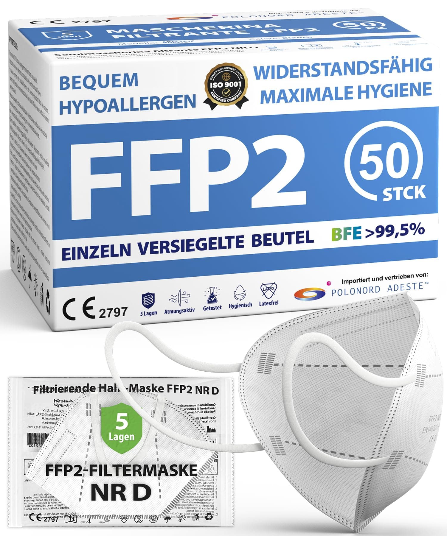 ADESTE – 50x FFP2 Maske, Hygienische 5-lagige Staubschutzmaske, EN149:2001+A1:2009 Mundschutzmaske EU2016/425, Weiß, Atemschutzmaske, Einzelne versiegelte Beutel FFP2 NR D Angebot bei HelloDeals