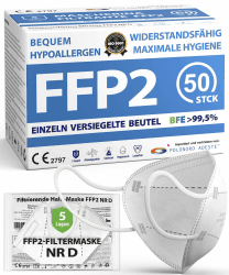 ADESTE – 50x FFP2 Maske, Hygienische 5-lagige Staubschutzmaske, EN149:2001+A1:2009 Mundschutzmaske EU2016/425, Weiß, Atemschutzmaske, Einzelne versiegelte Beutel FFP2 NR D Angebot bei HelloDeals