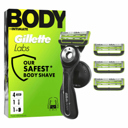 GilletteLabs Body & Intimate Rasierer Herren, Intimrasierer Mann mit Schutz gegen eingewachsene Haare und Irritationen — Inkl. Rasierhandstück für Körper und Intimbereich, Duschhalterung und 4 Klingen Gillette Labs Body Intimate Rasierapparat Klingen + Ha Angebot bei HelloDeals