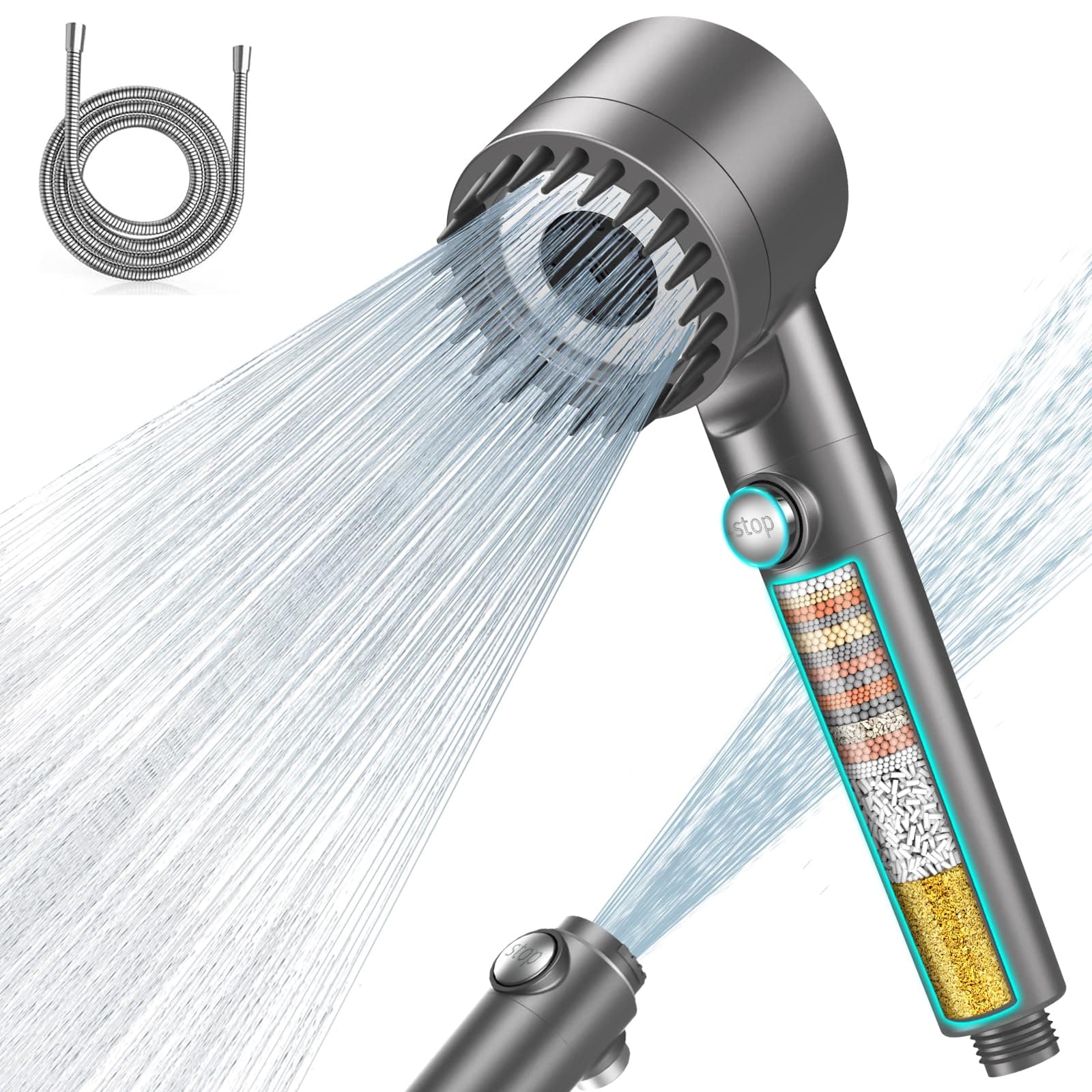 MEKO Duschkopf mit Filter in 15 Schichten, Hochdruck Handbrause mit 1,5 M Schlauch, 3+1 Strahlarten, Shower Head für Entfernen vom harten Wasser, Rest-Chlor, Bakterien und Schwermetall, Grau Basic Grau Angebot bei HelloDeals