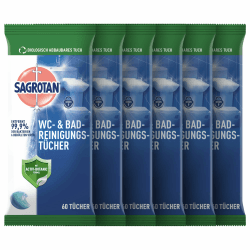 Sagrotan WC-Reinigungstücher – Für eine hygienisch saubere und glänzende Toilette – 6 x 60 Desinfektionstücher in wiederverschließbarer Verpackung Angebot bei HelloDeals