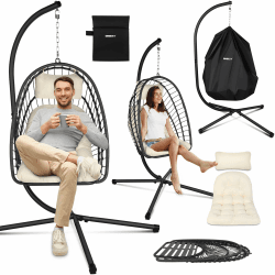ONBEST Hängesessel mit Gestell Grau, 360° Hängestuhl Outdoor Indoor, klappbarer Hängekorb mit Polster, wetterfest bis 130 kg, inkl. Schutzhülle, für Garten Balkon Wohnzimmer (Beige) Angebot bei HelloDeals