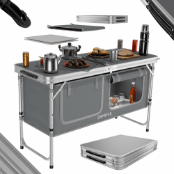24MOVE® Campingküche faltbar, höhenverstellbarer Campingschrank Alu Reiseküche mit Arbeitsplatte und Staufächern, Outdoor Camping inkl. Tragetasche 120x47x70 Praia Grau Grau Angebot bei HelloDeals