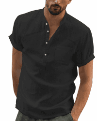 Leinen Hemd Herren Kurzarm Sommer Shirt Männer Henley mit Brusttasche Universal Fit Schwarz 3XL Angebot bei HelloDeals