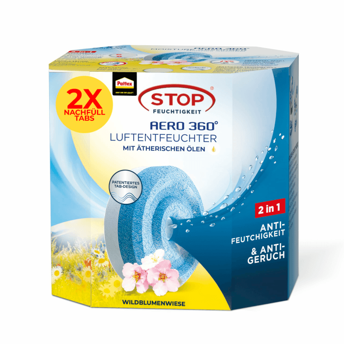 Pattex AERO 360° Wildblumenwiese Tabs Nachfüllpack, reduzieren Feuchtigkeit und schlechte Gerüche, Nachfülltabs für den Luftentfeuchter AERO 360°, 2er-Pack (2x450g) Wildblumenwiese 2 x 450g Nachfülltabs Angebot bei HelloDeals