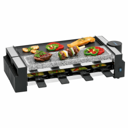 Clatronic Raclette | 8 Personen | Grillen und Überbacken | Stein und Wendegussplatte | antihaftbeschichtet | 2 x ca. 38 x 11,5cm | 8 Pfännchen, 8 Holzspachtel | 180 °-Drehgelenk | RG 3678 schwarz Stein & Grillplatte + Drehgelenk Angebot bei HelloDeals
