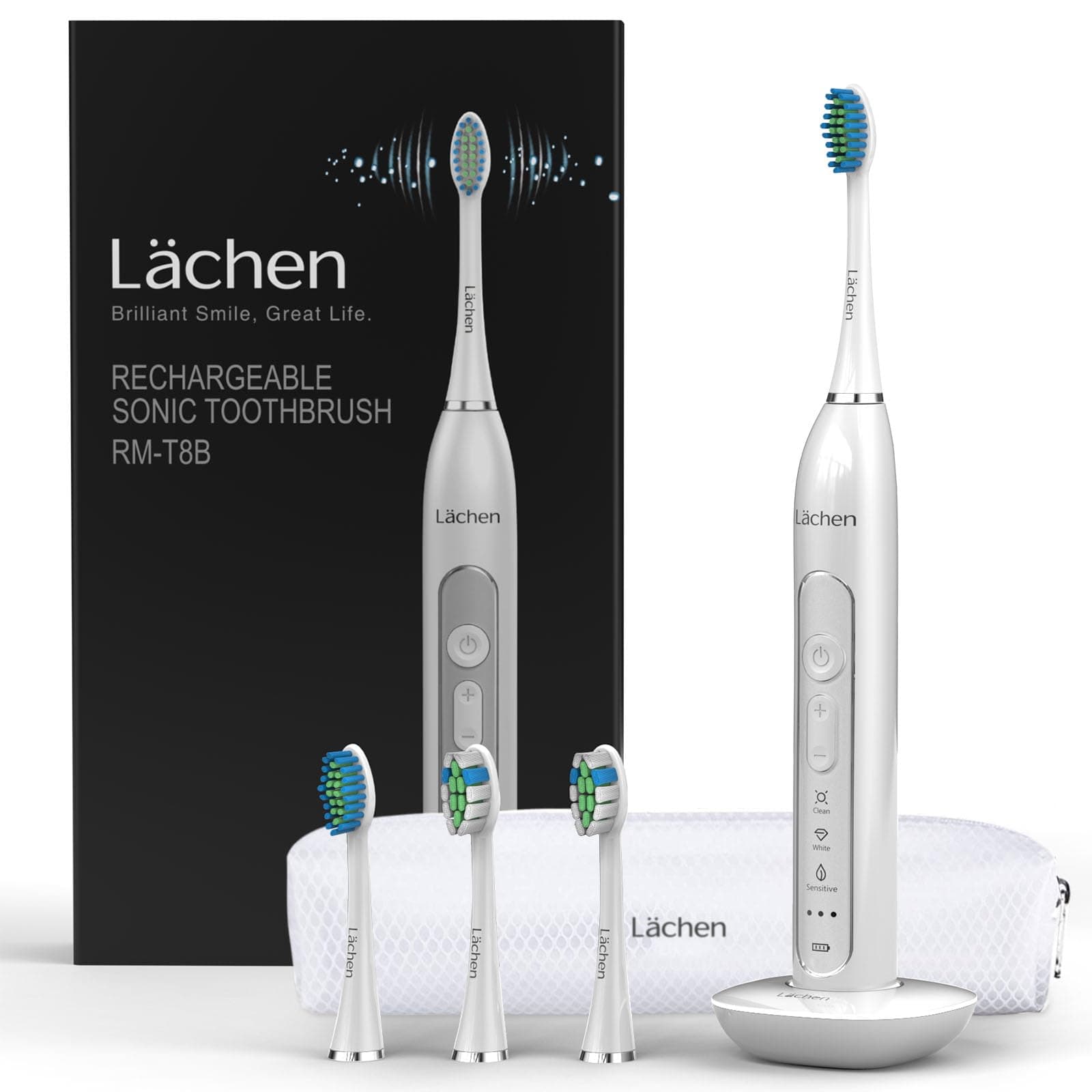 Lächen Sonic elektrische Zahnbürste Schallzahnbürste - RM-T8B， mit 4 Aufsteckbürsten und Timer, 3 Modi & 3 Vibrationsstärken mit Reisetasche A-weiß Angebot bei HelloDeals
