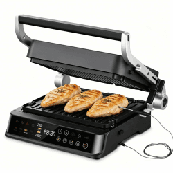 AMZCHEF XL Kontaktgrill 6-in-1 mit Temperaturfühler & GrillBoost 280 °C – Elektrogrill mit 6 Programmen, 180° Öffnung, 2 Zonen, wechselbaren Antihaftplatten – Steak, Panini, Waffeln, Sandwich XXL Leuchtendes Schwarz Angebot bei HelloDeals