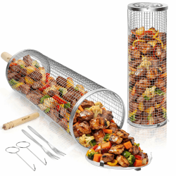 Rollendes Grillkorb Set, Abnehmbarem Holzgriff, 304 Edelstahl, Grill Zubehör für Gemüse, Fleisch und Meeresfrüchte, Einsetzbar für Holzkohlegrill, Gasgrill, Camping Gadgets, Geschenke Geburtsta Angebot bei HelloDeals