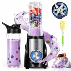 Smoothie-Mixer, 32.000 U/min, 10 Sekunden Entsaftungszeit, zum Zerkleinern von Eis und für Milchshakes, BPA-frei, abnehmbare 6-Klingen-Klingen. Inklusive 595-g-Becher für unterwegs, Schwarz Upgrade Schwarz Angebot bei HelloDeals