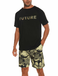 Nieery Schlafanzug Herren kurz Baumwolle Sommer PyjamaSet Bedrucktes Kurzarm T-Shirt und Schlafanzughose Shorts mit Camouflage Muster XL Grün Angebot bei HelloDeals
