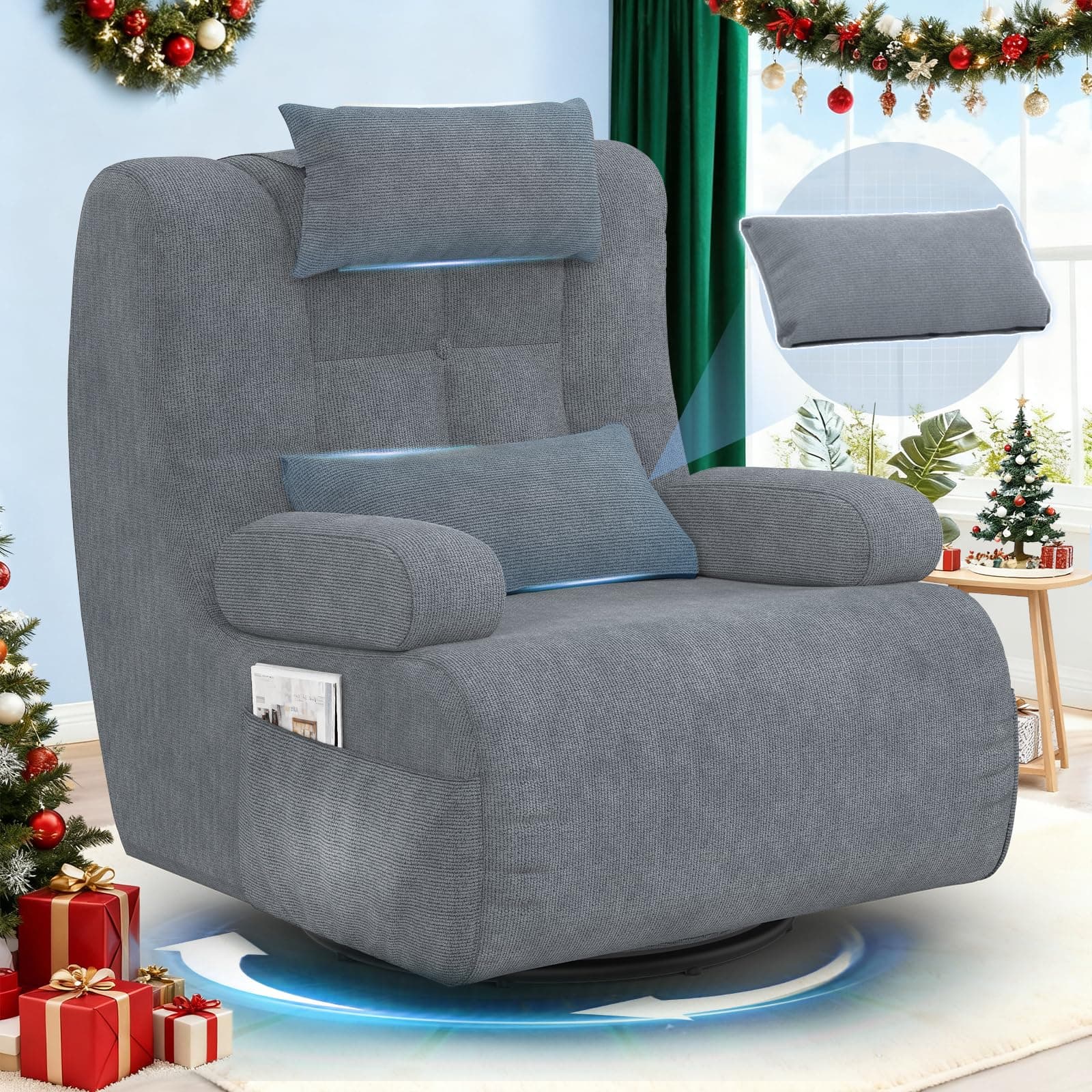 3-in-1 Relaxsessel, 360°Drehsessel,Extragroßer,Gepolsterter Hochlehner-Sessel mit 2 zusätzlichen Kissen, 2 Seitentaschen,Gepolstertem Sitzkissen und Rückenlehne, Akzent-Relaxsessel für Wohnzimmer Blaugrau Angebot bei HelloDeals