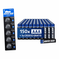 North Tech AAA Batterien Ultra Alkaline – 150 Stück (1200 mAh) + 5× CR2032 | 1,5V Energiequelle für Hochstromgeräte | Hochleistungsfähig, auslaufsicher & langlebig I 10 Jahre Haltbarkeit 150er-Pack AAA Angebot bei HelloDeals