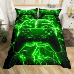 Loussiesd Gaming Bettwäsche Set 135x200cm Gamepad Bettbezug Blitzhirn Jungen Zimmer Dekor Betten Grün Teenager Spielzimmer Dekor Moderne Vr Spieler Bettwäsche-Set Joystick Controller Grün 135x200+80x80x1 Angebot bei HelloDeals