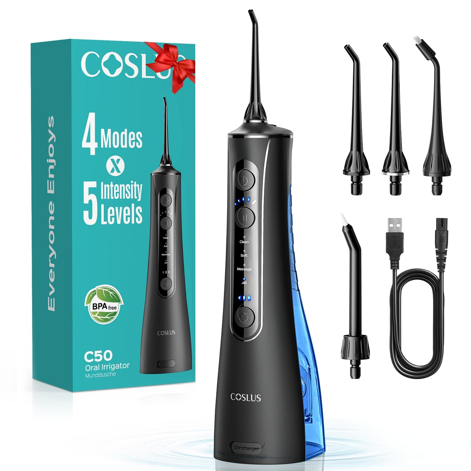 COSLUS C50 Munddusche Elektrische Kabellos Testsieger 2026: 20 Wasserdruck IPX7 Wasserdicht Präzise Anti-Spritz Technologie 4 Modi für Oral Health Enthusiasten Tägliche und Reisen 5Intensität Dunkel Schwarz Angebot bei HelloDeals