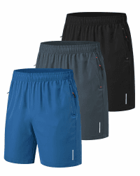 Zoofly 3er Pack Sporthose Kurze Herren Sommer Sport Shorts Mit Reißverschlusstaschen Elastische Fussball Fitness Tennis Hose Männer Schwarz/Grau/Blau M Angebot bei HelloDeals
