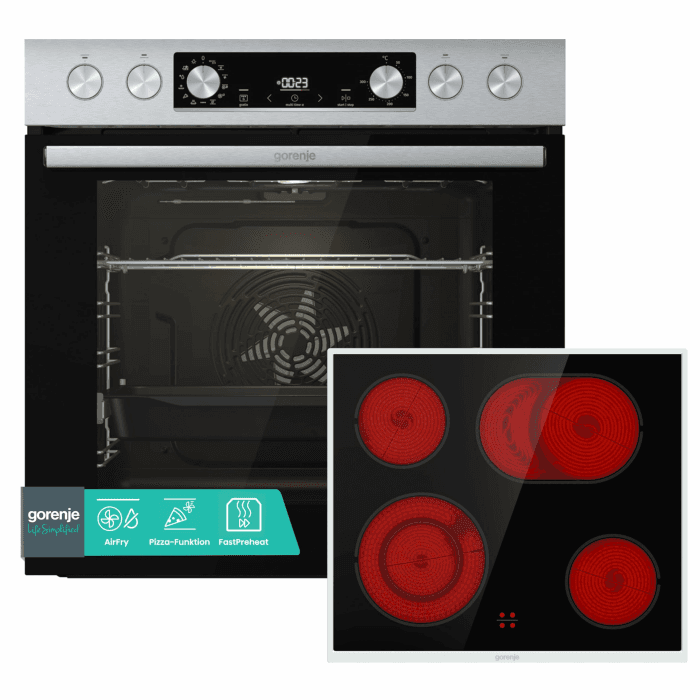 Gorenje Einbauherd-Set Heißluft Inox Set 4 mit Glaskeramik-Kochfeld / 77L / ExtraSteam / GentleClose & Open / EcoClean / AirFry / PizzaMode / PerfectGrill / Teleskopauszüge / Inox-Look Angebot bei HelloDeals