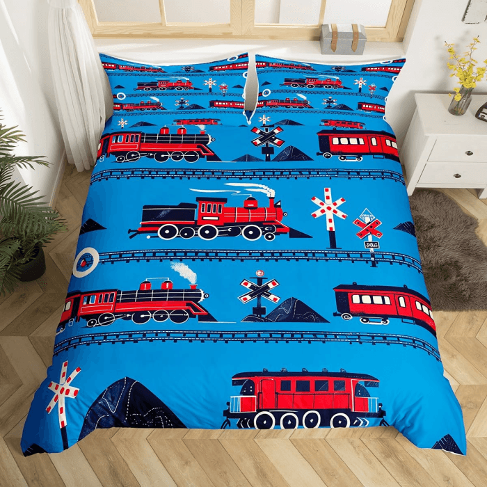 Homewish Jungen Zug 135x200 Tröster Abdeckung Cartoon Auto Kleinkind Bettwäsche Set,Verkehr Transport Track Bettbezug für Kinder Teens Rot Blau Dampfmaschine Eisenbahn Dekor Bett Set,Kein Tröster Blau Rot 135*200+80*80*1 Angebot bei HelloDeals