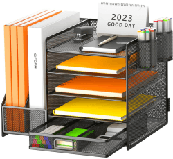 Schreibtisch Organizer mit Aktenhalter, 5-stufiger Papier Organizer mit Schublade und 2 Stifthaltern,Mesh Schreibtisch Akten Organizer mit Zeitschriftenhalter für büro organizer schreibtisch 5-stöckig, Schwarz, mit Schublade und 2 Stifthaltern Angebot bei HelloDeals