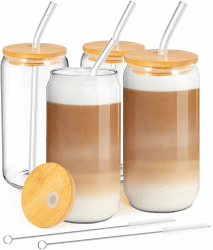 Trinkgläser mit Deckel und Strohhalm,Cocktailgläser Eiskaffee Gläser 500ml,Iced Coffee Glas,Kaffee & Matcha Gläser,Glasbecher ideal für Smoothie,Latte,Macchiato,Whiskey,Geschenk (4Pack) 4pc Glasses Angebot bei HelloDeals