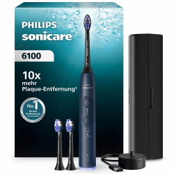 Philips Sonicare Series 6100 Elektrische Zahnbürste - Technologie der nächsten Generation, Drucksensor, 6 Putzeinstellungen, SmarTimer, BrushPacer, 21 Tage Laufzeit, Reiseetui, Marineblau, HX7403/07 Marineblau, 3 schwarze Bürstenköpfe Angebot bei HelloDeals