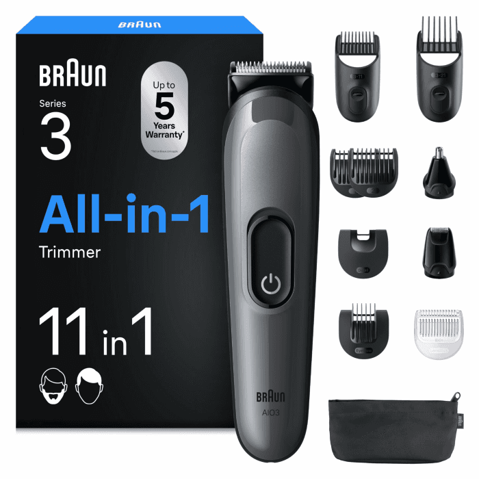 Braun All-in-One Trimmer-Set 3, 11-in-1 Multigroom, Barttrimmer, Nasenhaartrimmer, Haarschneidemaschine für Gesicht und Kopf, 50 Min Akku, 14 Längen (3–21 mm), AIO3565, Grau Angebot bei HelloDeals