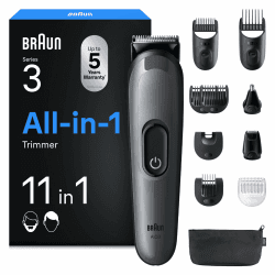 Braun All-in-One Trimmer-Set 3, 11-in-1 Multigroom, Barttrimmer, Nasenhaartrimmer, Haarschneidemaschine für Gesicht und Kopf, 50 Min Akku, 14 Längen (3–21 mm), AIO3565, Grau Angebot bei HelloDeals