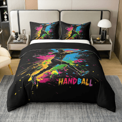 Homewish Handball Athleten Silhouetten Baumwolle Bettwäsche Bunte Tuschekunst Bettbezug Set 135x200cm für Kinder Sports Enthusiasten Bettwäscheset Batikmuster Stil Bettset 1 Kissenbezug Raumdekor Orange Blau Grün Rosa 135*200+80*80*1 Angebot bei HelloDeals