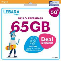 LEBARA Hello! 65 Prepaid SIM-Karte | Handy-Tarif ohne Vertrag | 65 GB inkl. 5G | Allnet Flat | 300 Minuten ins Ausland Angebot bei HelloDeals