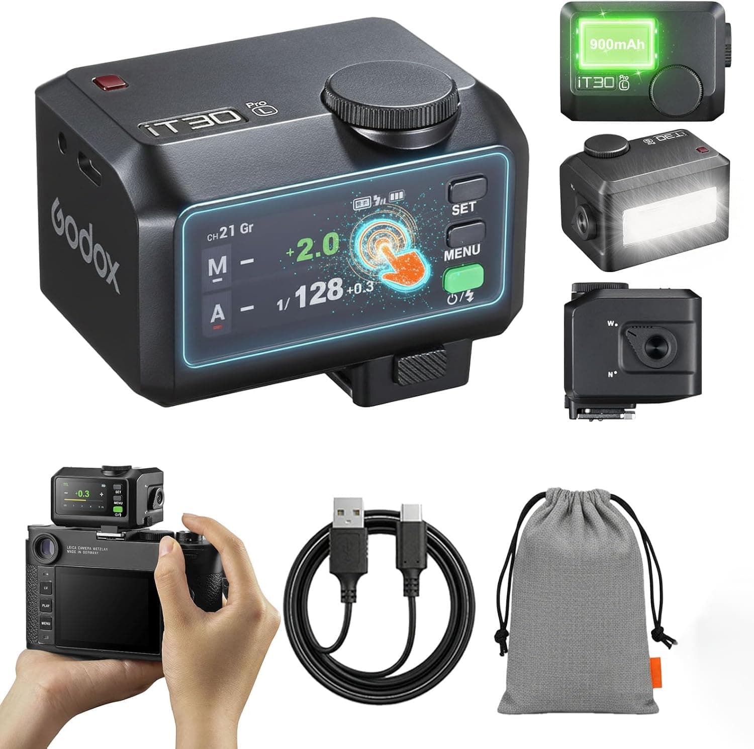 Godox iT30Pro-L TTL Mini Kamerablitz für Leica, GN15, 560 Vollleistungsblitze, 1,5 s Recycling, HSS 1/8000 s, 2,4G X Sender/Empfänger, Touchscreen, USB-C, für Reise Street Portrait Schwarz für Leica Angebot bei HelloDeals