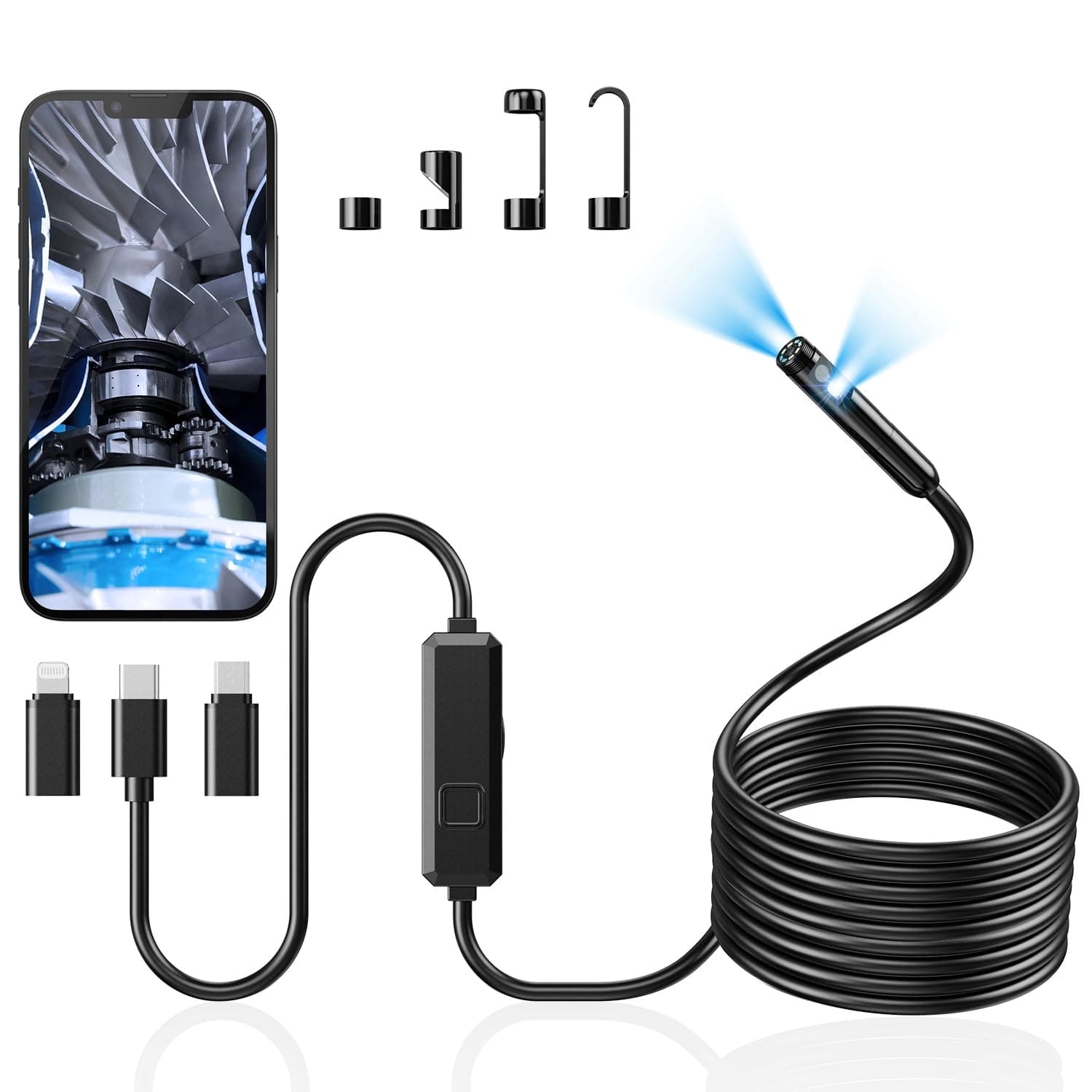 Acoath Endoskopkamera mit Licht, 1920 HD Rohrkamera mit 8 LEDs, IP67 Wasserdichtes Inspektionskamer Handy Gadget, 5M Kanalkamera Werkzeuge für Android & iOS - 2 Lenses Angebot bei HelloDeals