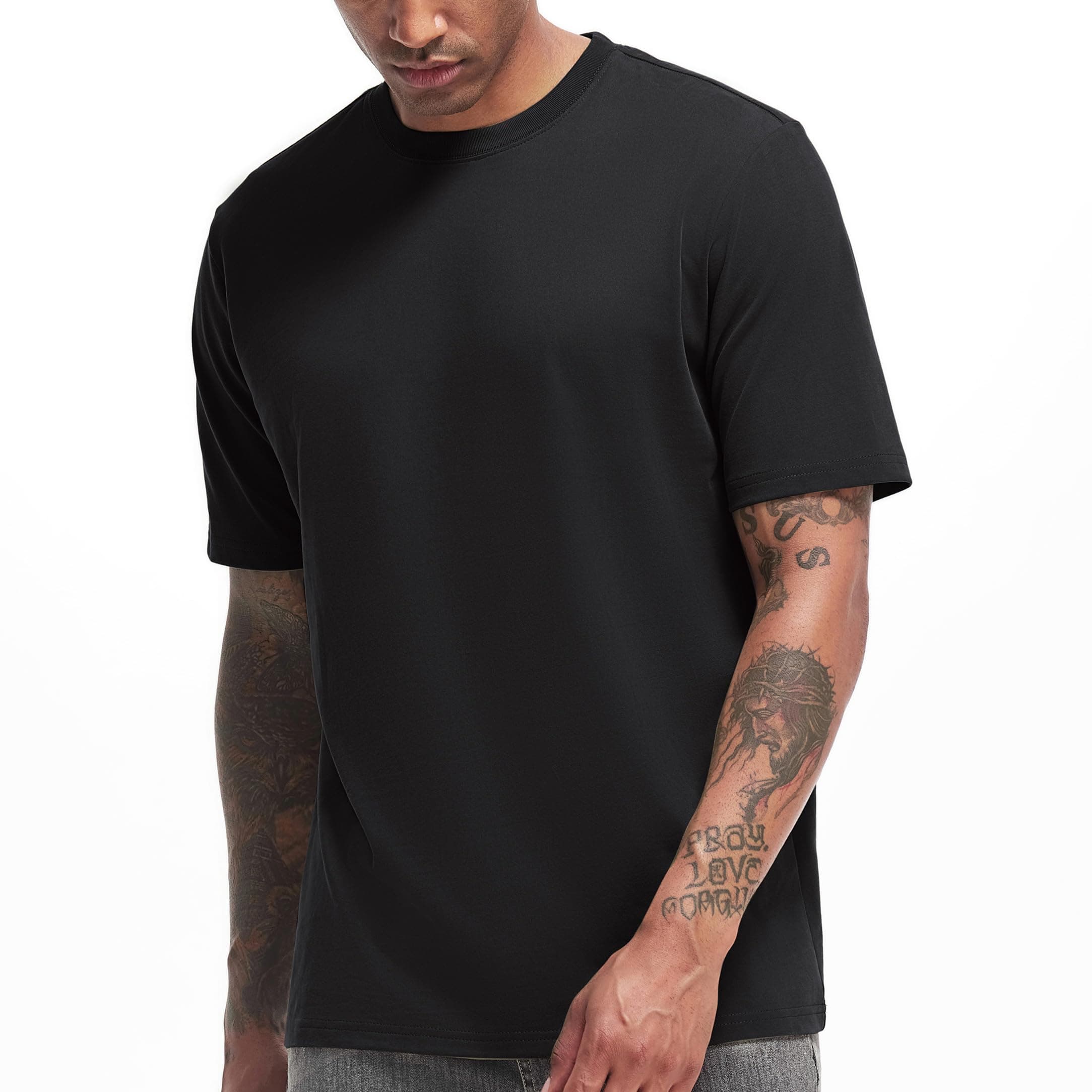 VEIISAR Herren Dickes Rundhals Langarm T-Shirt - Herren 100% Baumwolle Heavy Duty Pre Shrink T Shirt T2 Black XXL Angebot bei HelloDeals