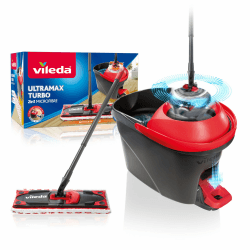 Vileda Ultramax Turbo 2in1 Bodenwischer Komplett Set | Wischmopp-System mit Teleskopstiel (75–130cm), Mikrofaserbezug & Eimer mit Powerschleuder | Für Fliesen, Laminat & Parkett | Comfort-Pack Angebot bei HelloDeals