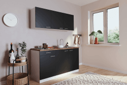 respekta Singleküche Luis 150cm ohne Kühlschrank Korpus und Arbeitsplatte weiß Fronten Schwarz Angebot bei HelloDeals