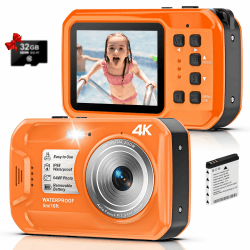 Digitalkamera, Yixinxin Unterwasserkamera 4K 64MP 16FT wasserdichte Kamera zum Schnorcheln, IPS HD Bildschirm 16X Digitalzoom und 32GB Karte Orange Angebot bei HelloDeals
