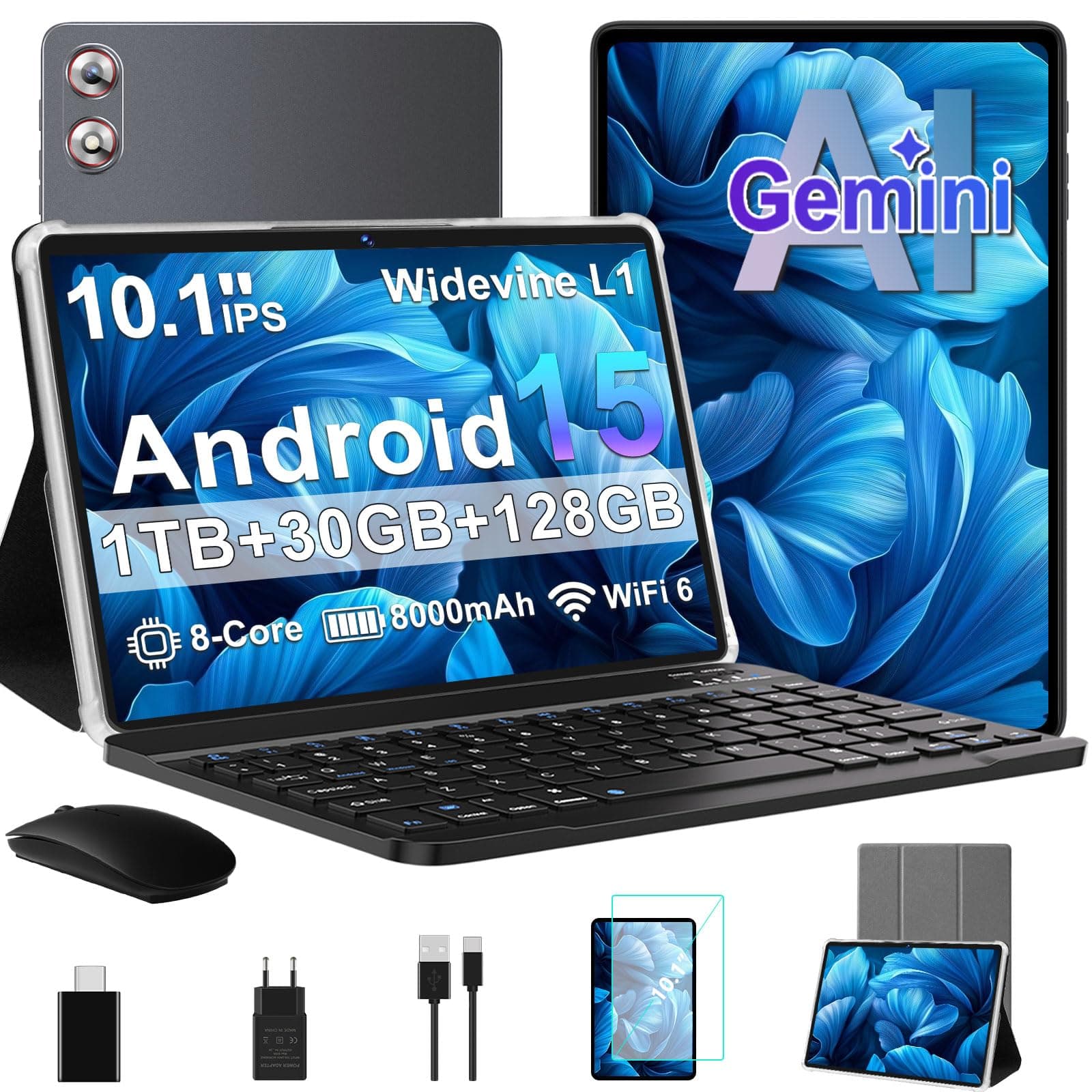 fezawio 10,1 Zoll Android 15 Gaming Tablet Gemini AI 30GB RAM +128GB ROM, Octa-Core 8000mAh, WiFi6, Widevine L1, GMS, 3.5mm Audio, GPS, Face ID mit Tastatur, Maus und Schutzhülle, Grau Gray-Android 15 Angebot bei HelloDeals