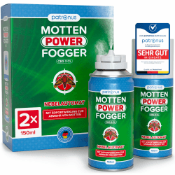 Patronus Motten Power Fogger - 2x 150ml - effektiver Vernebler mit maximalem Sofortschutz gegen Motten, Kleidermotten, Lebensmittelmotten für schwierig erreichbare Motten-Verstecke 2er Pack Angebot bei HelloDeals