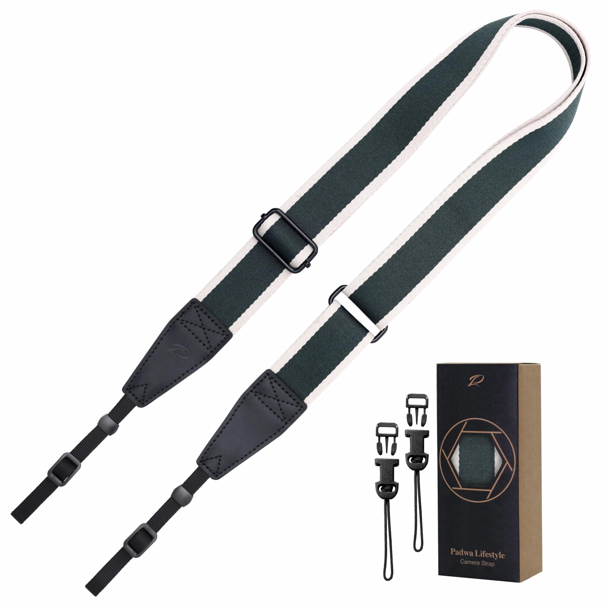 Padwa Lifestyle Verstellbarer Gestreift Kameragurt - 1,5“ Kopf-Kameragurte aus Rindsleder für Fotografen, Verstellbarer Nacken-, Schulter- und Crossbody-Gurt mit Schnellverschluss für alle Kameras B# - Grün-weiß Gestreift Extra Lang Verstellbar 38~66" Angebot bei HelloDeals
