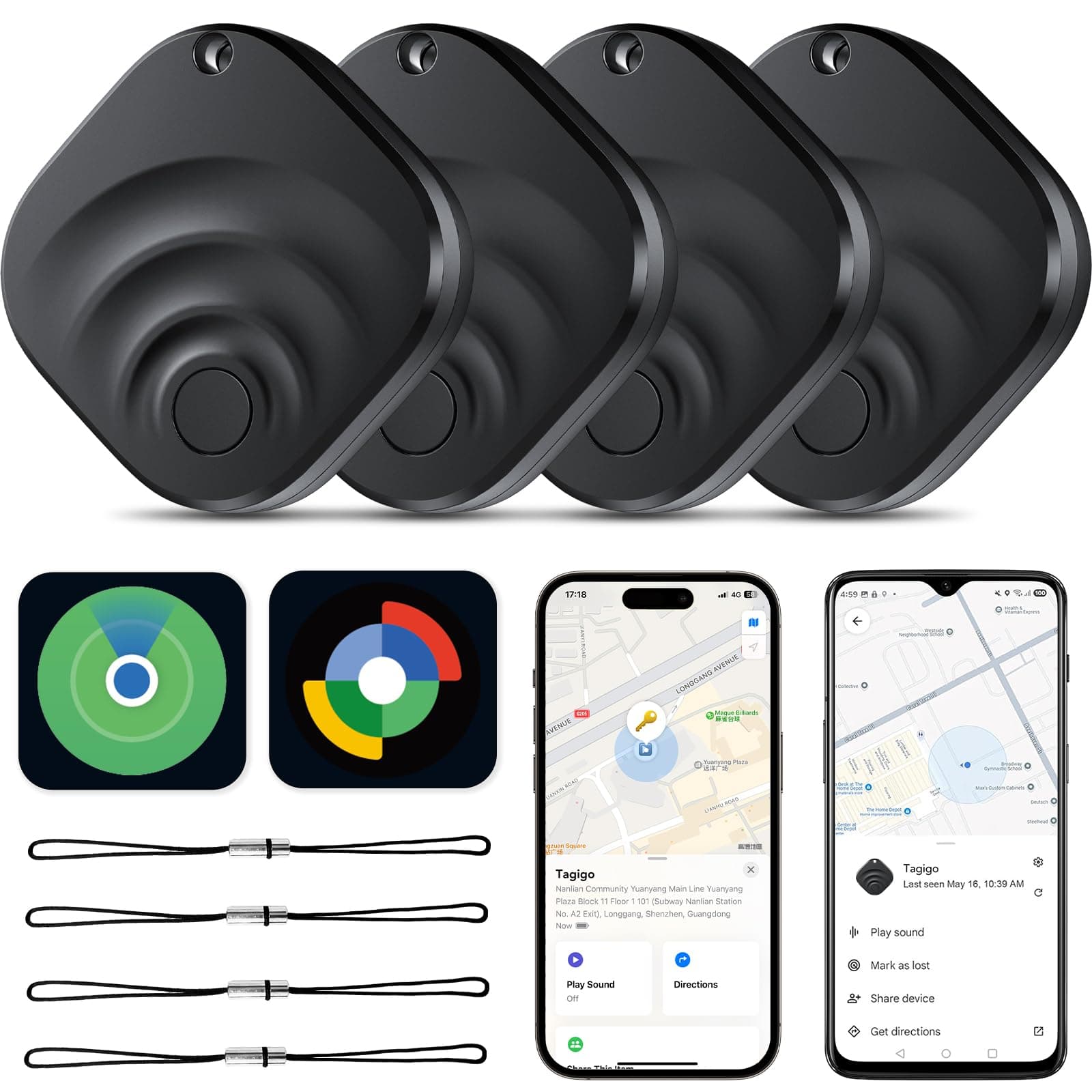 TIMU 4er Pack Dual-System GPS Tracker Android & iOS, Schlüsselfinder kompatibel mit Google Find Hub und Apple Find My, Air Tracker Smart Tag für Schlüssel/Gepäck/Koffer/Taschen (4 schwarz) Schwarz 4 Angebot bei HelloDeals