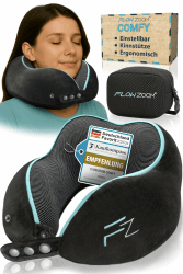 FLOWZOOM Comfy Nackenkissen für Flugzeug & Auto - Einstellbares Memoryschaum Nackenhörnchen mit flexiblen Druckknöpfen für 360° Stütze, atmungsaktiver waschbarer Bezug - inkl. Beutel - Schwarz 2.2. Comfy - Schwarz Angebot bei HelloDeals