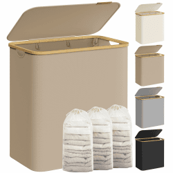 SONGMICS Wäschekorb mit Deckel, Wäschesammler mit 3 Fächern, 150 L, herausnehmbarer Wäschesack, Oxford-Gewebe, Griffe aus Bambus, zusammenklappbar, 60 x 38,5 x 70,5 cm, kamelbraun LCB515N02 150 L (3 Fächer) Kamelbraun Angebot bei HelloDeals