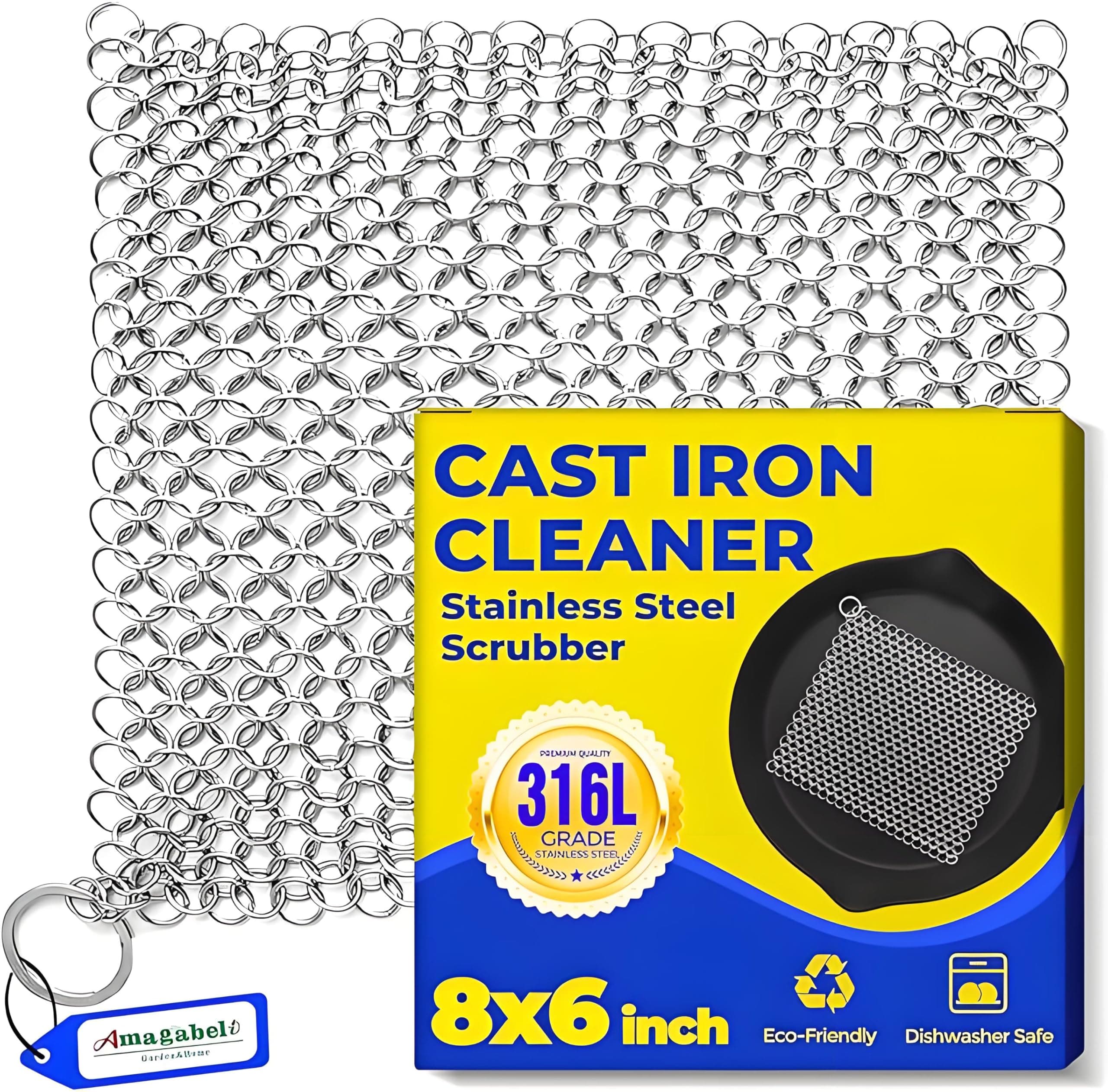 Amagabeli Gusseisen-Reiniger, Rechteckiger Kettennetz-Schrubber mit Aufhängering, Geschirrtuch, Edelstahl-Kettennetz-Schrubber für Bratpfanne, Wok, Pfanne und Töpfe Angebot bei HelloDeals