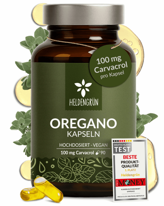 Heldengrün® Oregano Öl Kapseln [HOCHDOSIERT] 100 mg Carvacrol pro Kapsel - Bio Oreganoöl mit +82% Carvacrol aus Griechenland - magensaftresistent, laborgeprüft & vegan - 90 Stück Oregano 90 stück (1er Pack) Angebot bei HelloDeals
