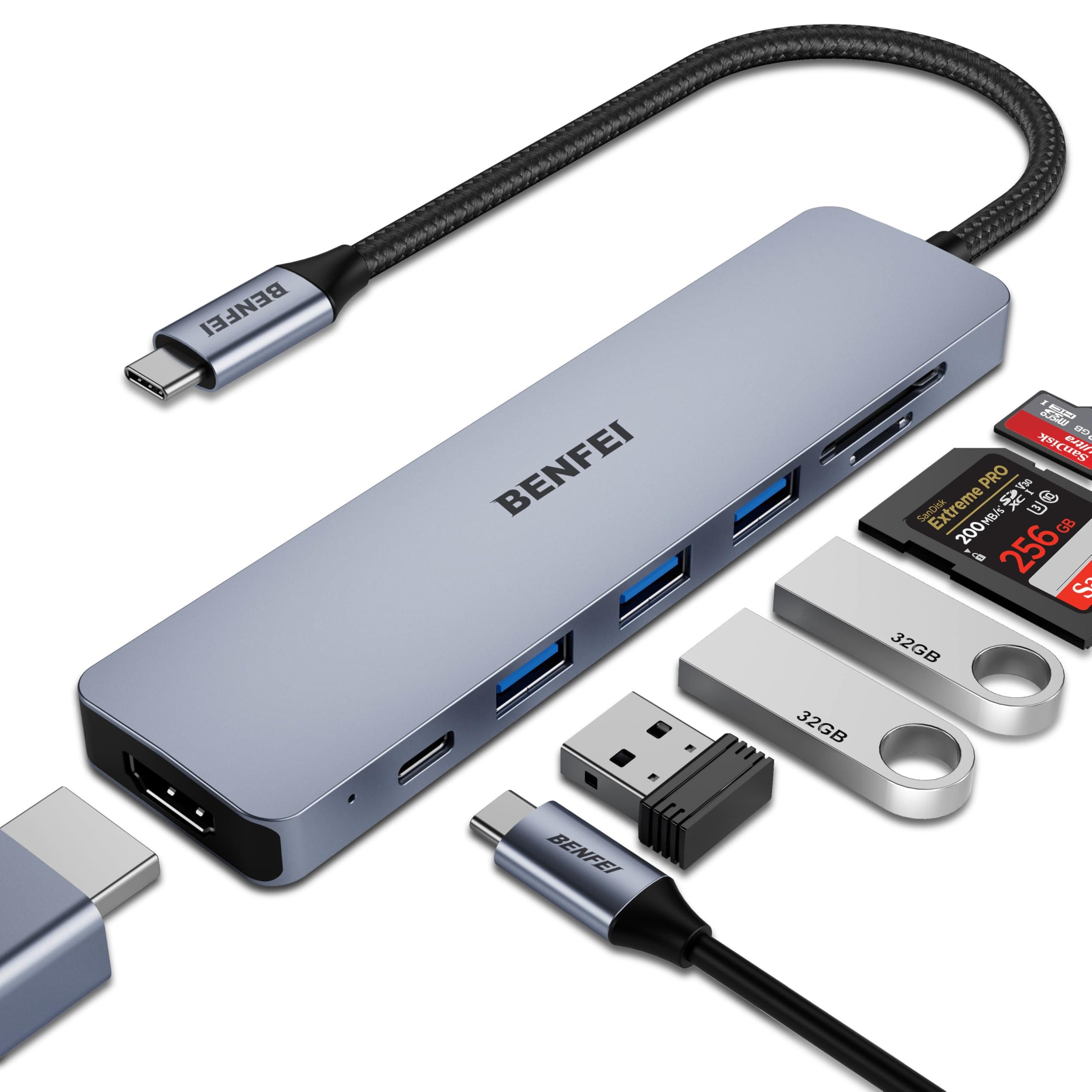 BENFEI USB C HUB 7in1,USB-C HUB Multiport Adapter mit HDMI(4K@60Hz Zertifiziert)/100W Power Delivery/3*USB 3.0 5Gbps/SD/TF Card Reader(160MB/s) für iPhone 15 Pro/Max MacBook iPad Pro iMac S23 XPS17 7-in-1 Gray Angebot bei HelloDeals