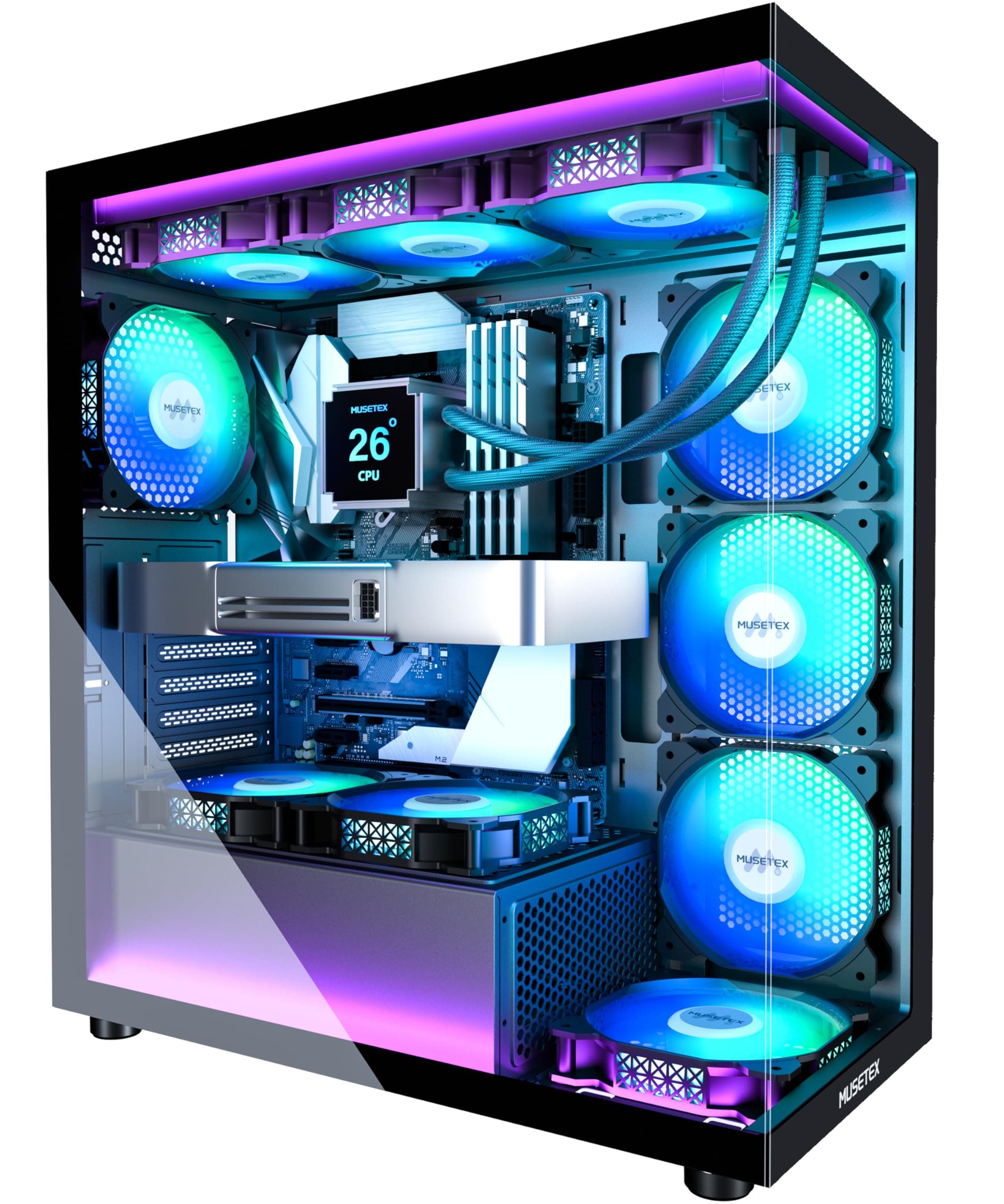 MUSETEX PC Gehäuse ATX Vorinstallation 7 PWM ARGB-Lüfter, Mid Tower ATX Computer Gehäuse mit Panoramadoppelglas, Type-C Gaming PC Gehäuse, Schwarz(K2) 42,5T x 21,2B x 47H cm Angebot bei HelloDeals